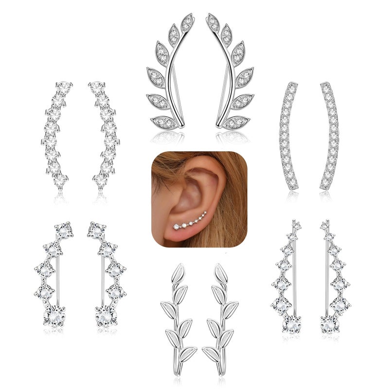 FINREZIO 6Pairs Ear Cuffs Climber Hoop Earring CZ Arrow Crawler Stud Earring Jacket for Women Silver - Image 1